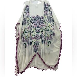 Francesca's Sheer Cream Swim Cover-Up with Bohemian print & tassels